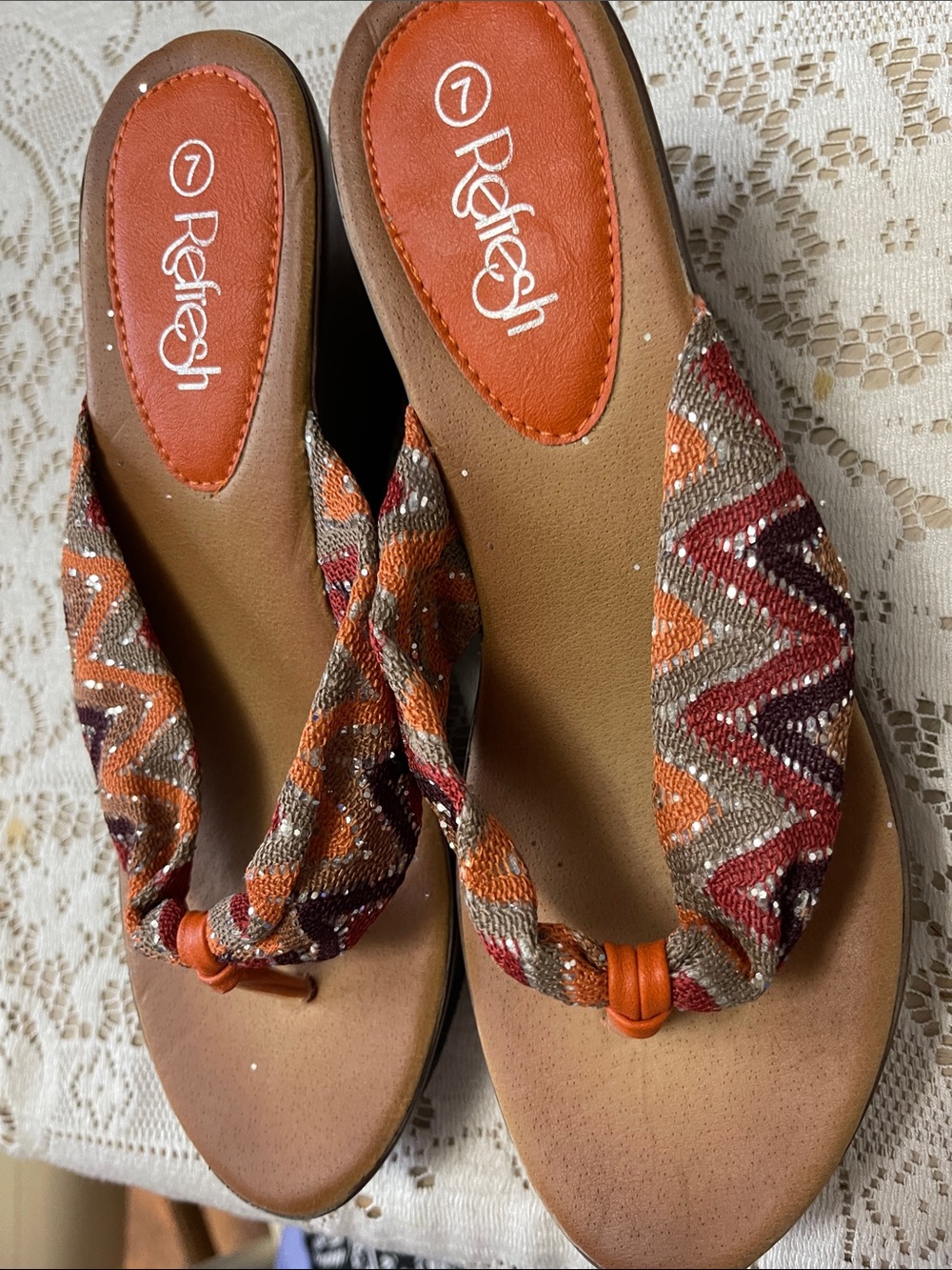 REFRESH Women's Orange, Brown and Chevron Fabric Thong Sandals